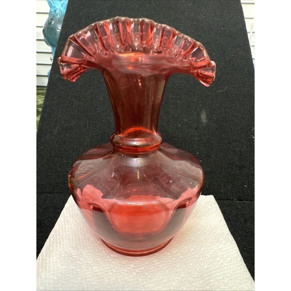 Vintage Fenton Cranberry Ruby Red Glass Melon Vase Wide Ruffled Crimped Rim 9"